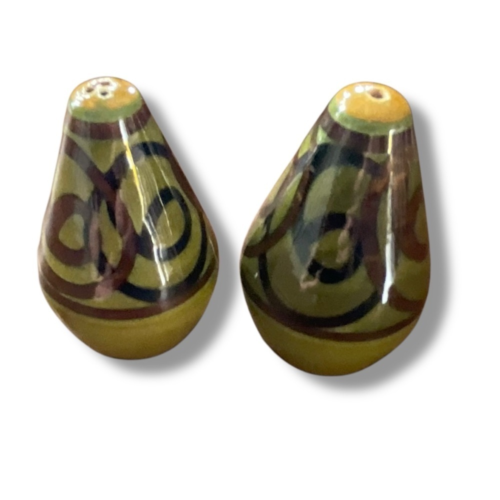 Vintage 70s Brixham Pottery Salt & Pepper Shakers Olive Green Brown Cone Egg